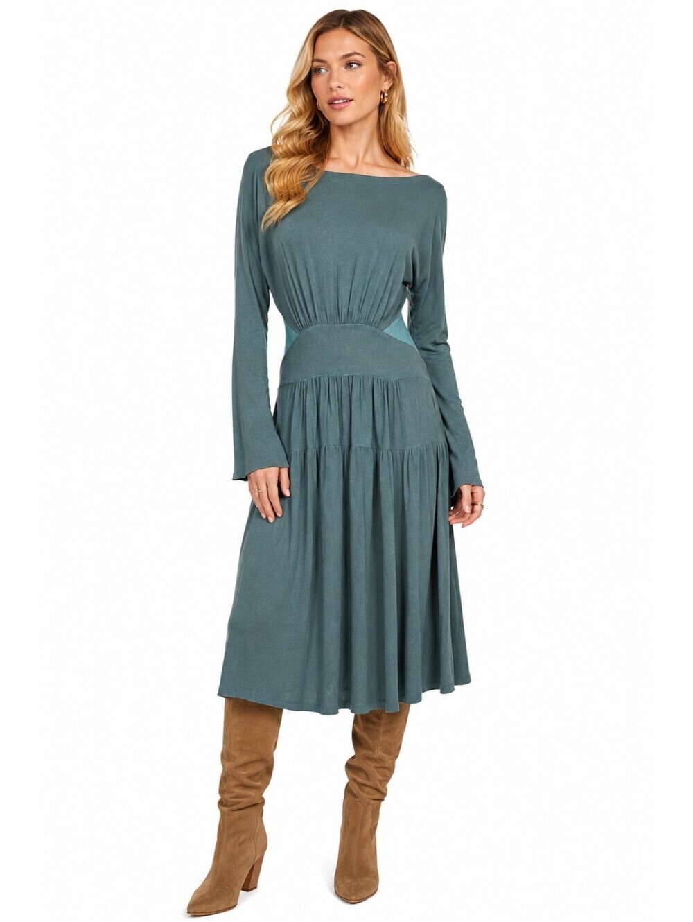 AMADI Anthropologie Green Knit Midi Dress XS Open Back Long Sleeve
